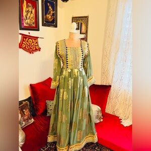 One of a kind, handmade, Afghan Elegant Green and Gold Women's Dress